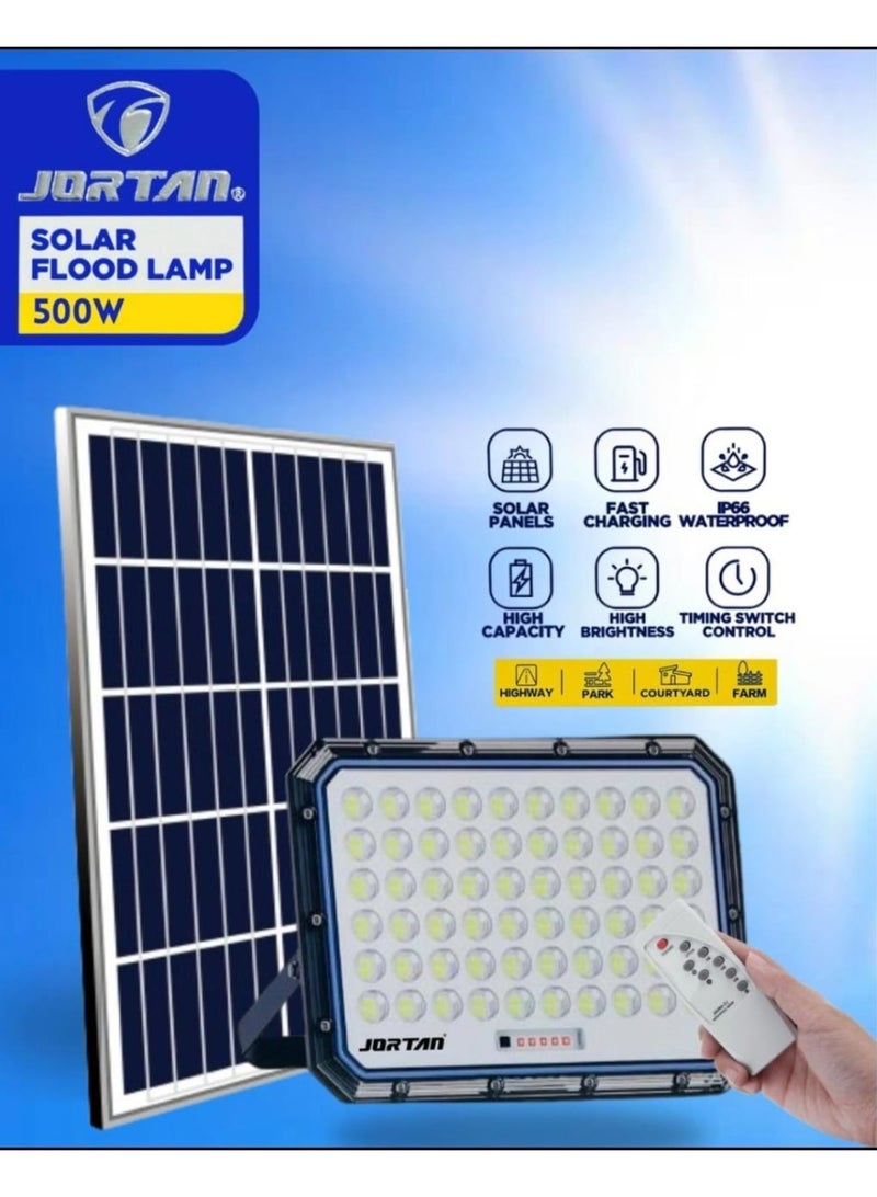 JORTAN 500W مصباح الفيضانات الشمسية القابلة لإعادة الشحن، سطوع عالي، بطارية عالية السعة، IP66 مقاومة للماء، لوحة شمسية للشحن السريع، بطارية احتياطية من 12 إلى 15 ساعة، مصباح فيضانات بالطاقة الشمسية داخلي وخارجي