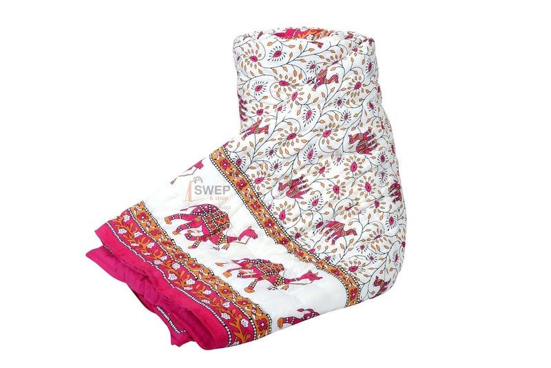 Swep & Shop Swep Shop Rajasthani Traditional Cotton Jaipuri razai ac Blanket Camel Print with Floral Design Single Bed Reversible Both Sided Jaipuri Quilt 55 x 85 inch Pink  - Image 1
