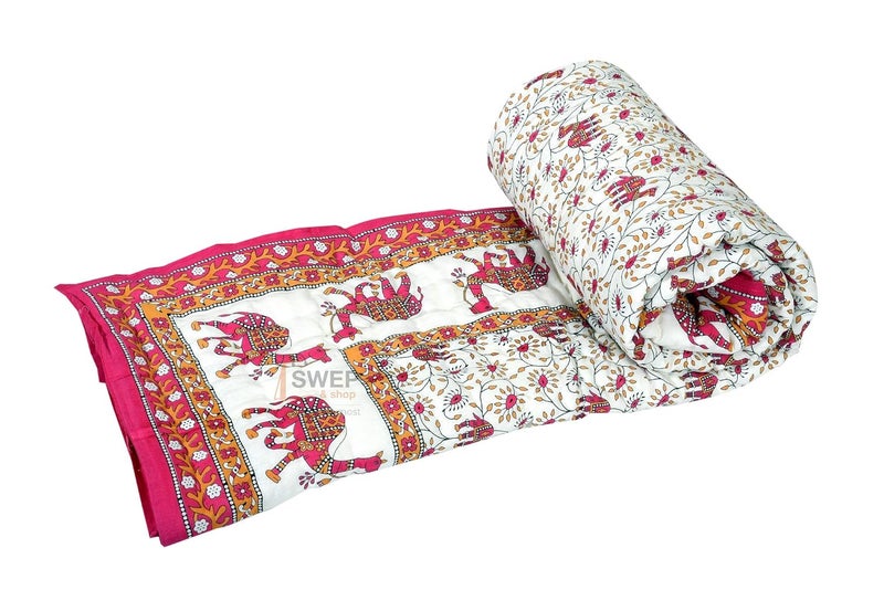 Swep & Shop Swep Shop Rajasthani Traditional Cotton Jaipuri razai ac Blanket Camel Print with Floral Design Single Bed Reversible Both Sided Jaipuri Quilt 55 x 85 inch Pink  - Image 5