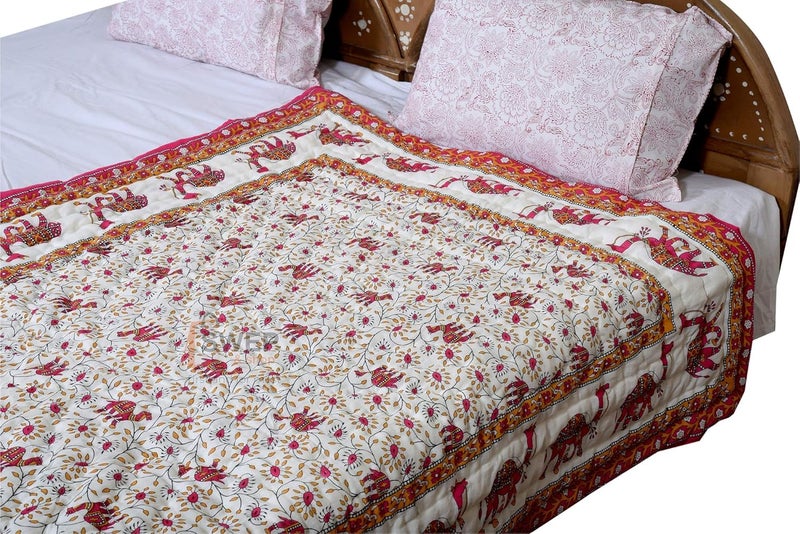 Swep & Shop Swep Shop Rajasthani Traditional Cotton Jaipuri razai ac Blanket Camel Print with Floral Design Single Bed Reversible Both Sided Jaipuri Quilt 55 x 85 inch Pink  - Image 2
