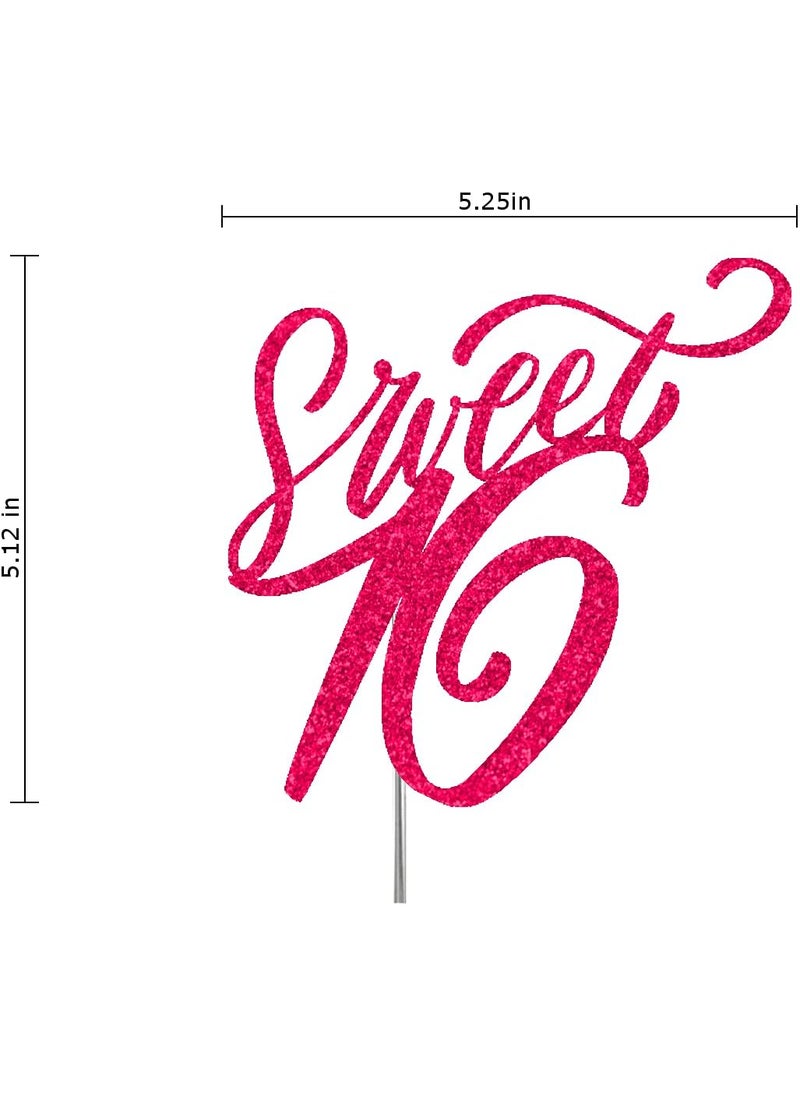 RokAPary Sweet 16 Glitter Cake Topper Sixteen Birthday Party Decorations Ideas Premium Quality Decoration Sturdy Doubled Sided Glitter Acrylic Stick Made in USA FuchsiaHot Pink  - Image 2