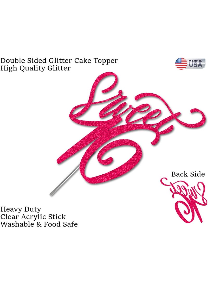 RokAPary Sweet 16 Glitter Cake Topper Sixteen Birthday Party Decorations Ideas Premium Quality Decoration Sturdy Doubled Sided Glitter Acrylic Stick Made in USA FuchsiaHot Pink  - Image 3