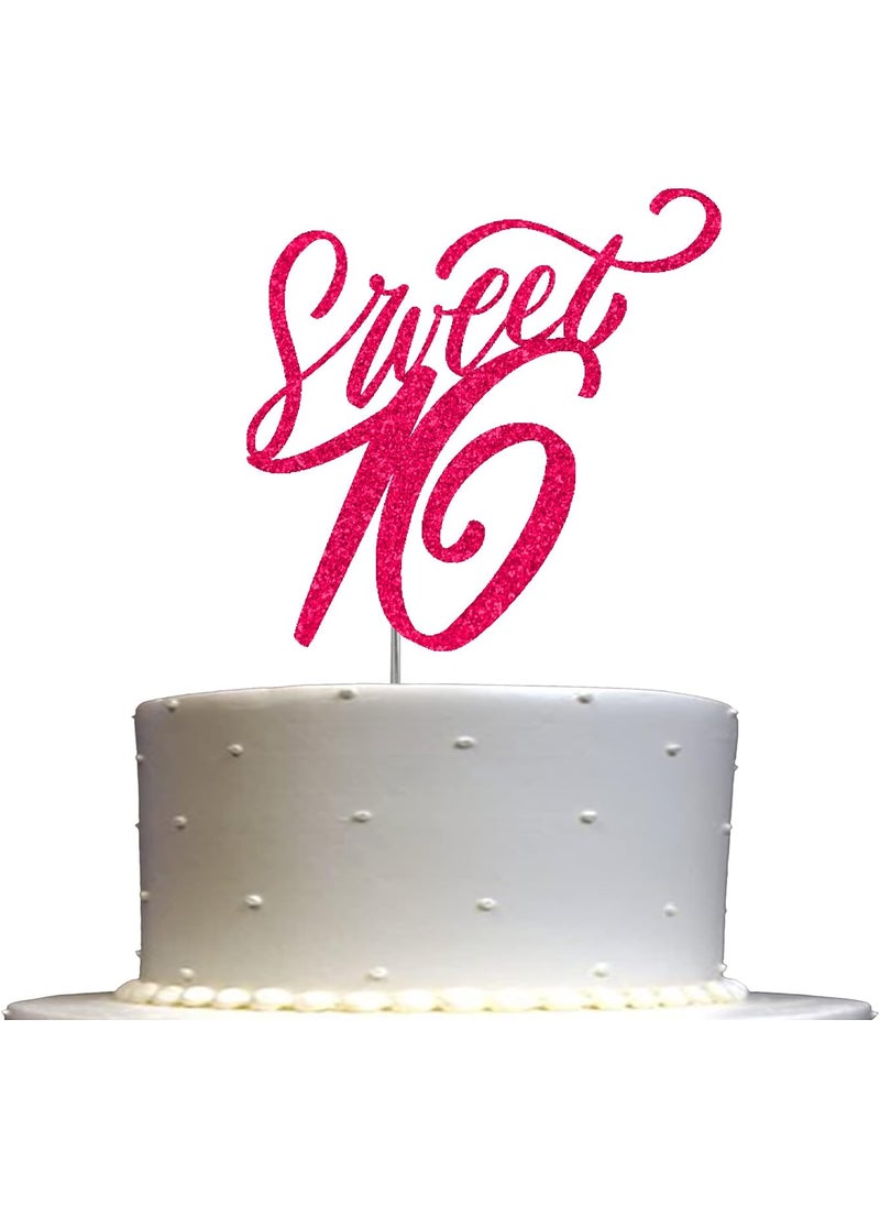 RokAPary Sweet 16 Glitter Cake Topper Sixteen Birthday Party Decorations Ideas Premium Quality Decoration Sturdy Doubled Sided Glitter Acrylic Stick Made in USA FuchsiaHot Pink  - Image 1