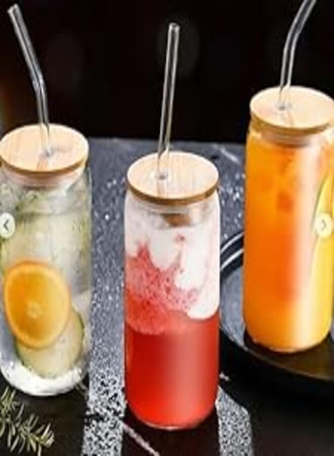 Glass Tumbler with Wooden Lid & Straw Glass Cup with Colored Handle Iced Tea & Coffee Mugs for Straw and Direct Drinking, Travel Sipper Bottle for Juice, Cocktail, Smoothie (3)