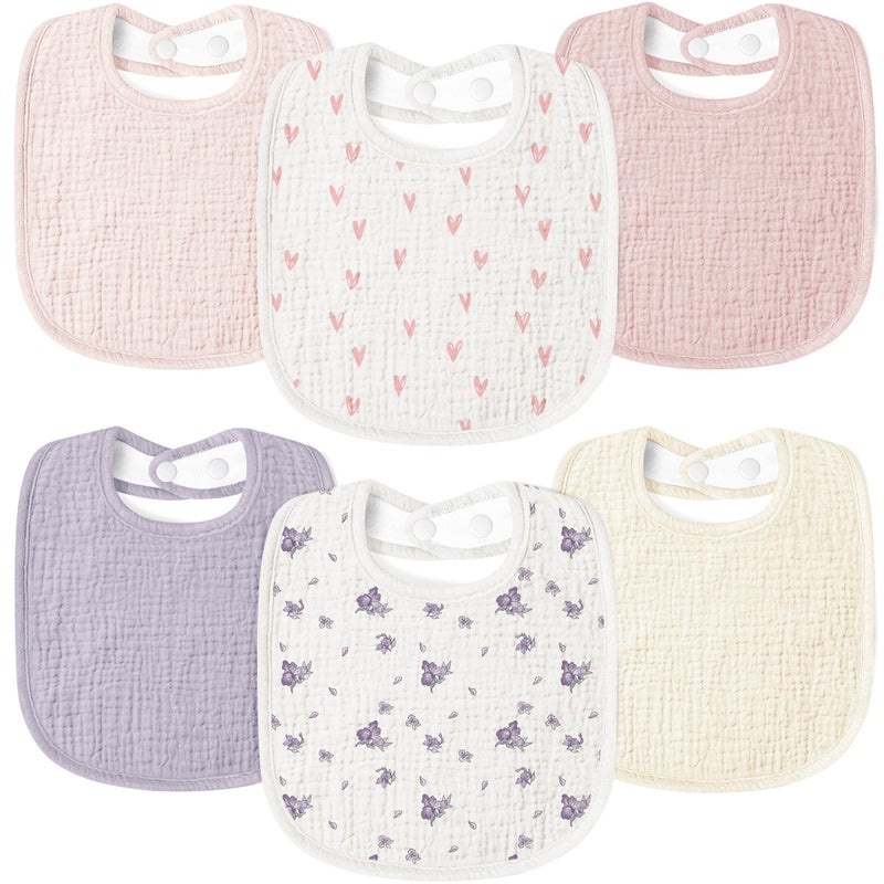 Susurration Muslin Baby Drool Bibs 6Pack Soft Square Adjustable Baby Bandana Bibs for Unisex Girls & Boys (Heart Print) - Image 1