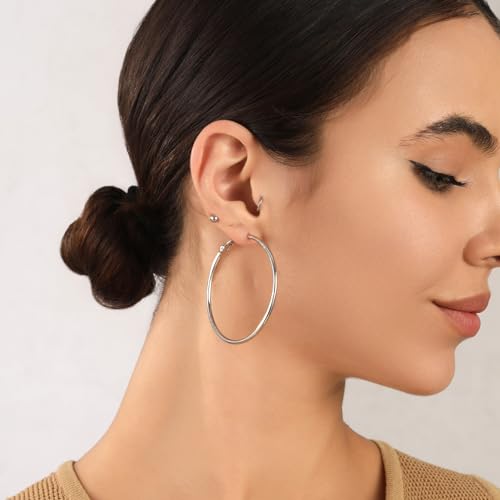 OOOPEL 2mm Sterling Silver Big Hoop Earrings For Women Sterling Silver Hoop Earrings Large Silver Hoops Earring Womens Hypoallergenic Circle Endless Thin Oversize Silver Hoop Earring For Womens - Image 2