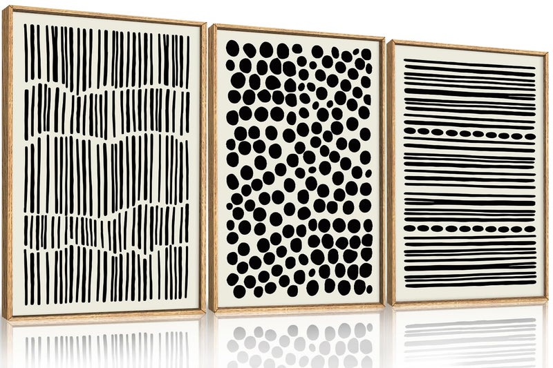 KAIRNE Abstract Black and White Framed Canvas Wall Art Set Modern Geometric Wall Decor Minimalist Line Art Prints Neutral Boho Dots Artwork for Living Room Bedroom Farmhouse Office 16x24x3 - Image 2
