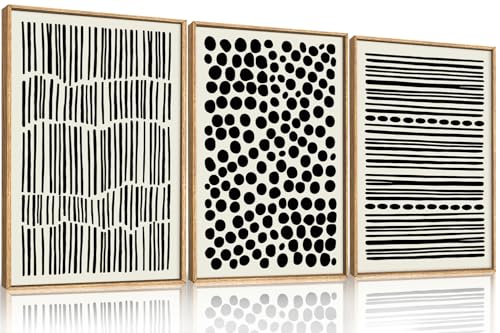 KAIRNE Abstract Black and White Framed Canvas Wall Art Set Modern Geometric Wall Decor Minimalist Line Art Prints Neutral Boho Dots Artwork for Living Room Bedroom Farmhouse Office 16x24x3 - Image 1