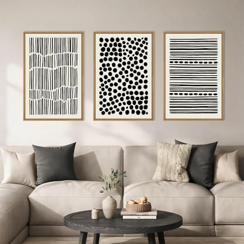 KAIRNE Abstract Black and White Framed Canvas Wall Art Set Modern Geometric Wall Decor Minimalist Line Art Prints Neutral Boho Dots Artwork for Living Room Bedroom Farmhouse Office 16x24x3 - Image 3