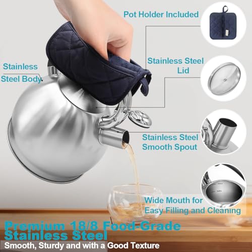 BAERFO Tea Kettle, 2.64 Qt Tea Pot Stovetop, Premium 304 Food-Grade Tea Kettle Stovetop, Resounding Sound, Vintage Aesthetics, with Pot Holder (Brushed) - Image 5