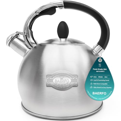 BAERFO Tea Kettle, 2.64 Qt Tea Pot Stovetop, Premium 304 Food-Grade Tea Kettle Stovetop, Resounding Sound, Vintage Aesthetics, with Pot Holder (Brushed) - Image 1