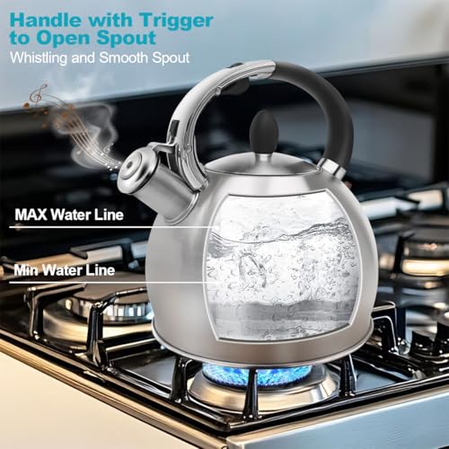 BAERFO Tea Kettle, 2.64 Qt Tea Pot Stovetop, Premium 304 Food-Grade Tea Kettle Stovetop, Resounding Sound, Vintage Aesthetics, with Pot Holder (Brushed) - Image 4
