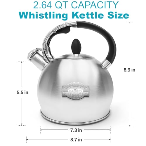 BAERFO Tea Kettle, 2.64 Qt Tea Pot Stovetop, Premium 304 Food-Grade Tea Kettle Stovetop, Resounding Sound, Vintage Aesthetics, with Pot Holder (Brushed) - Image 2