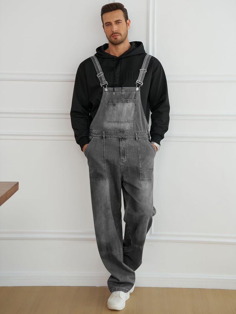 Runcati Men's Denim Bib Overall Jean Romper Casual Fashion Workwear Adjustable Strap Loose Fit Hip Hop Jumpsuit - Image 3