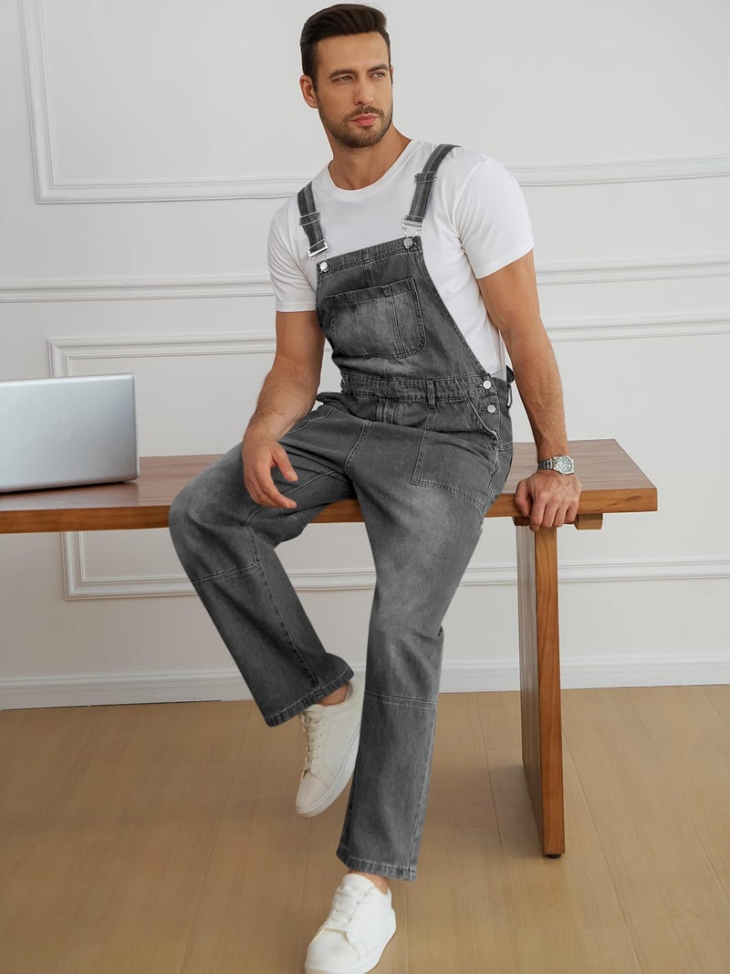 Runcati Men's Denim Bib Overall Jean Romper Casual Fashion Workwear Adjustable Strap Loose Fit Hip Hop Jumpsuit - Image 5