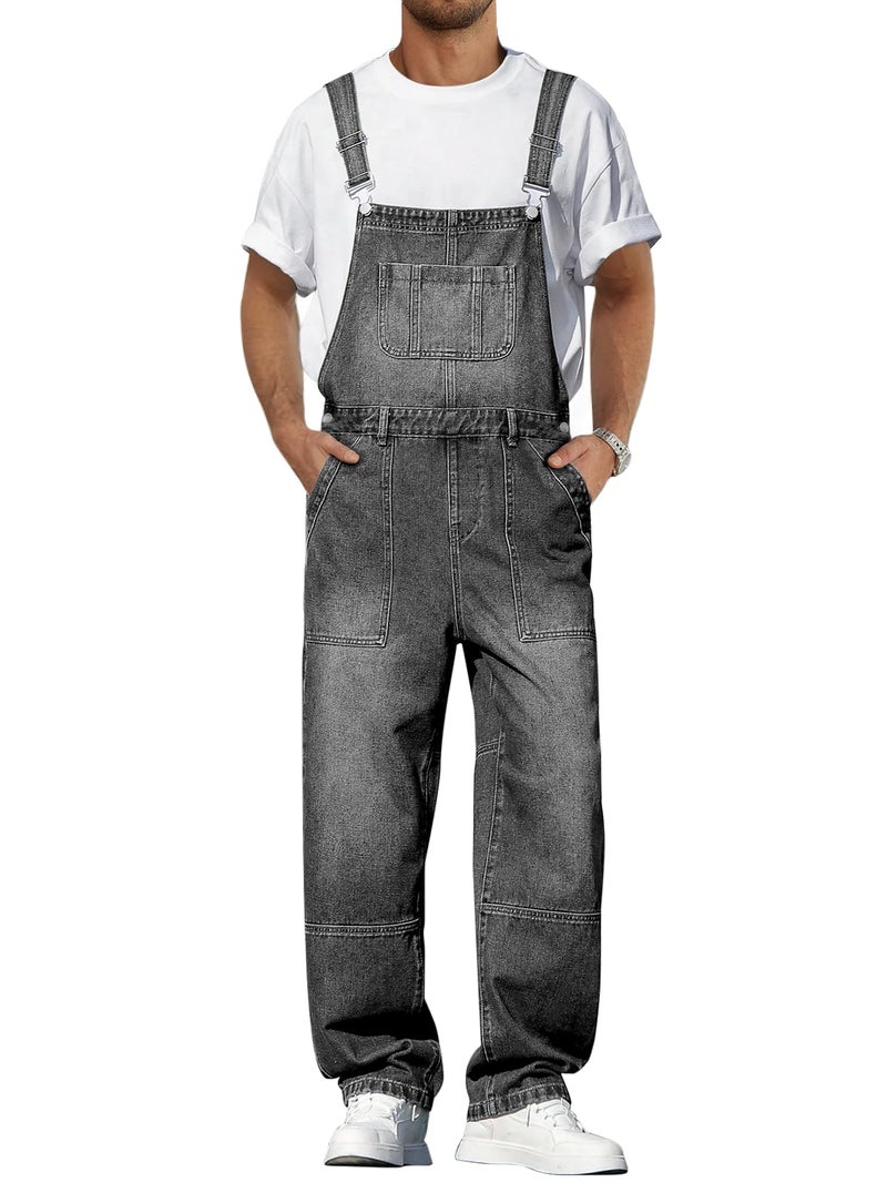 Runcati Men's Denim Bib Overall Jean Romper Casual Fashion Workwear Adjustable Strap Loose Fit Hip Hop Jumpsuit - Image 1