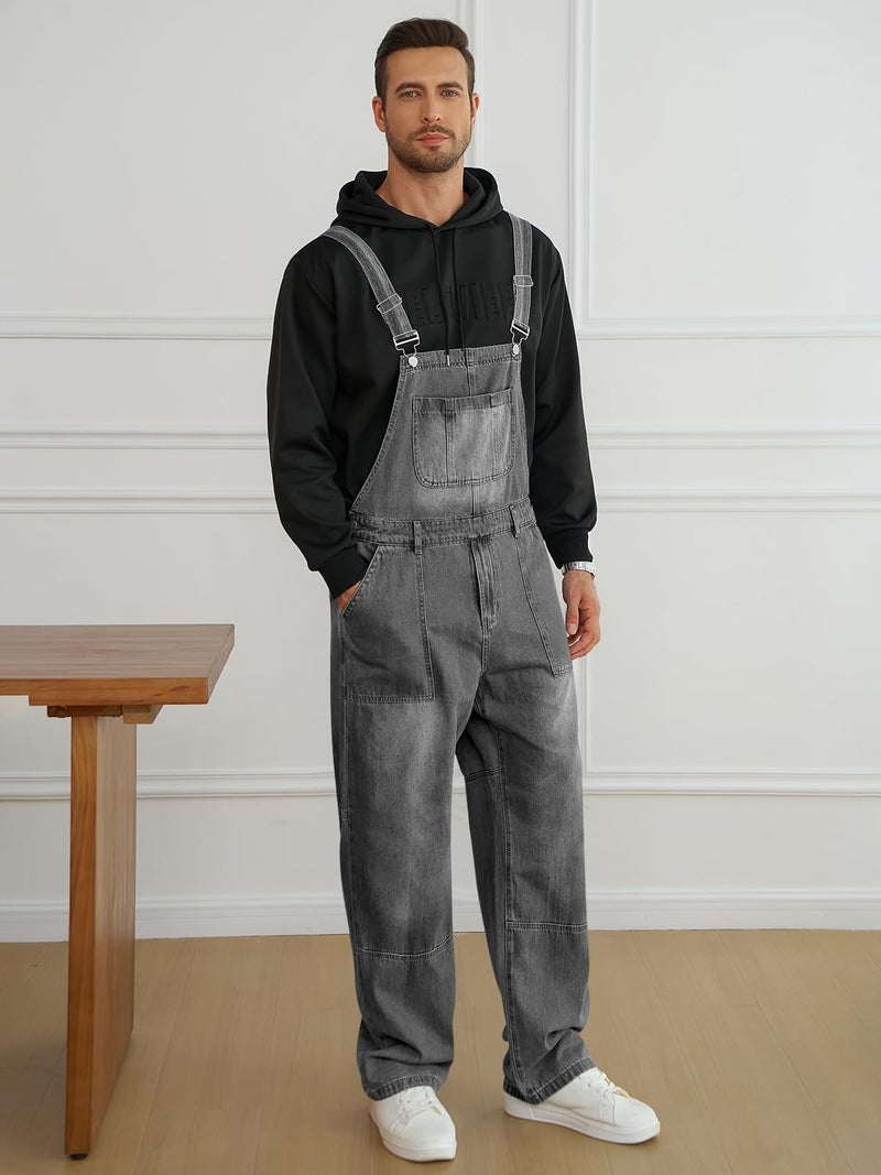 Runcati Men's Denim Bib Overall Jean Romper Casual Fashion Workwear Adjustable Strap Loose Fit Hip Hop Jumpsuit - Image 4