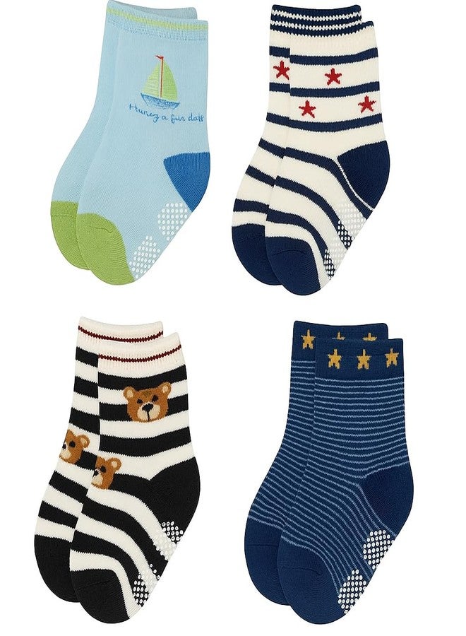 CUTEABLY Baby Anti-Skid Socks, Organic Cotton, Nautical Design with Stars and Stripes, for Infants and Toddlers, (Pack of 4 Mix - Print) (IN, Age, 18 Months, 24 Months, Pack of 4) - Image 1