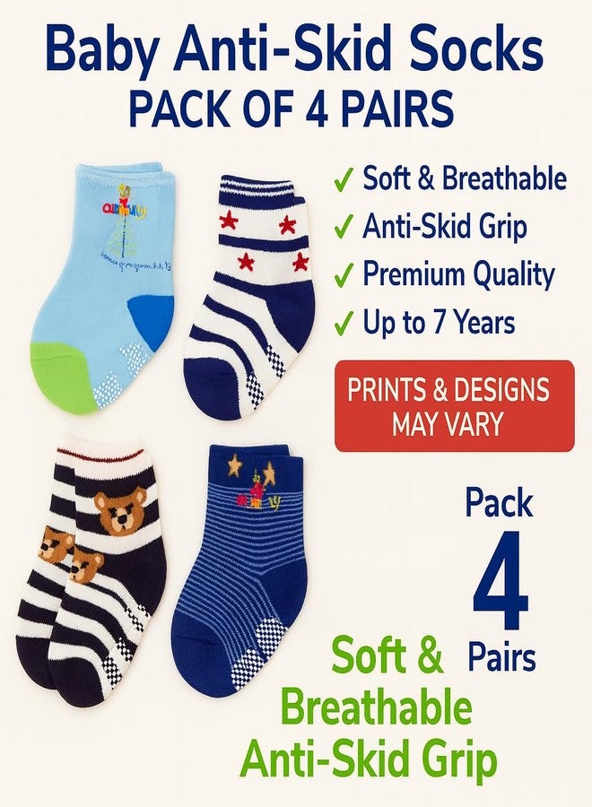 CUTEABLY Baby Anti-Skid Socks, Organic Cotton, Nautical Design with Stars and Stripes, for Infants and Toddlers, (Pack of 4 Mix - Print) (IN, Age, 18 Months, 24 Months, Pack of 4) - Image 2