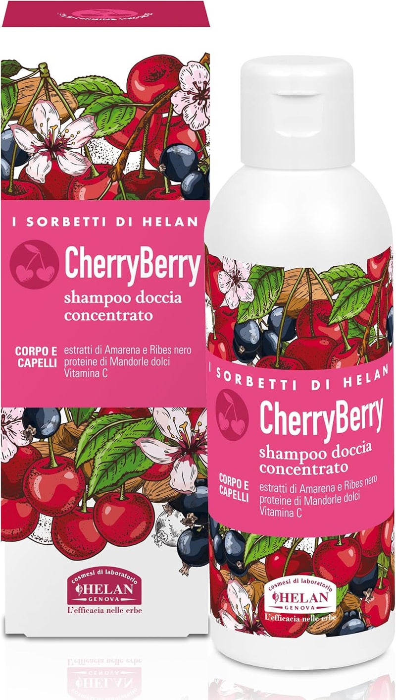 Helan I Sorbetti CherryBerry Gentle Shower Gel Shampoo for Women and Men with Vitamin C Sweet Almonds Blackcurrant Concentrated Hair Body Wash with Revitalising Action Made in Italy 150ml