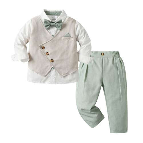 Volunboy Baby Boys Gentleman Wedding Guest Suit Green Formal Outfit Toddler Ring Bearer Birthday Dress Shirt Bowtie Pants Set (Lightgreen, 18-24 Months) - Image 1