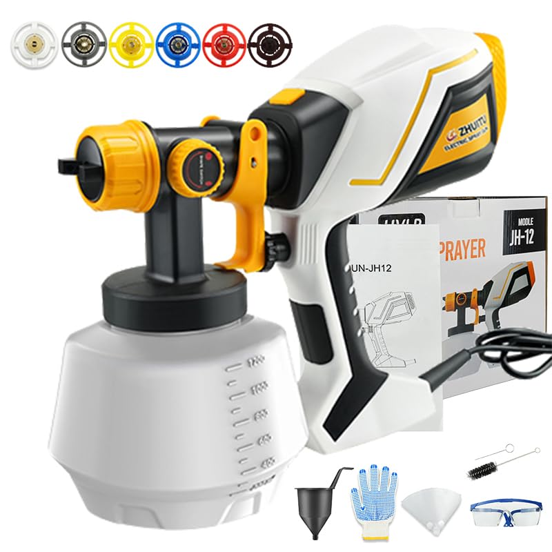 ZHUITU Paint Sprayer 1000W HVLP Electric Spray Paint Gun with 6 Copper Nozzles and 3 Spray Patterns 1200ML High Capacity Container for Furniture, Fences, Walls, Garage Doors (Yellow) - Image 1