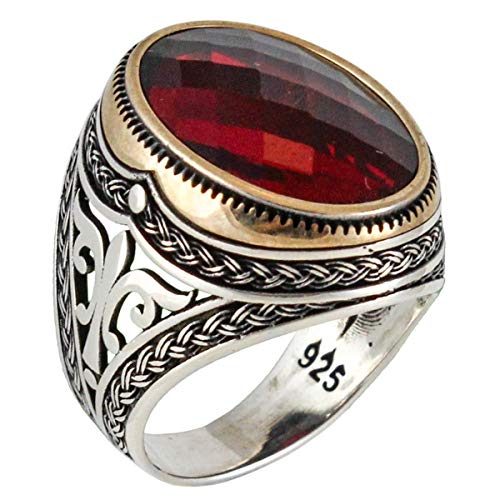 Babylon Silver Solid 925 Sterling Silver Cubic Zirconia Stone Ruby Color Luxury Turkish Handmade Men's Ring (9) - Image 1