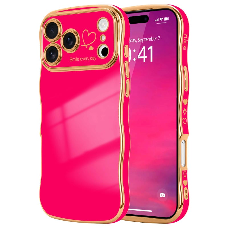 LCHULLE for iPhone 17 Pro Max Case for Women Girls, Cute Wave Frame Curly Shape with Love Heart Raised Camera Protection Cover Luxury Plating Shockproof Phone Case for iPhone 17 Pro Max, Hot Pink - Image 1