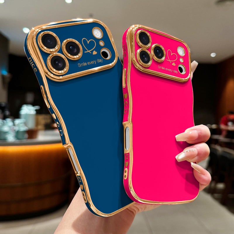 LCHULLE for iPhone 17 Pro Max Case for Women Girls, Cute Wave Frame Curly Shape with Love Heart Raised Camera Protection Cover Luxury Plating Shockproof Phone Case for iPhone 17 Pro Max, Hot Pink - Image 5