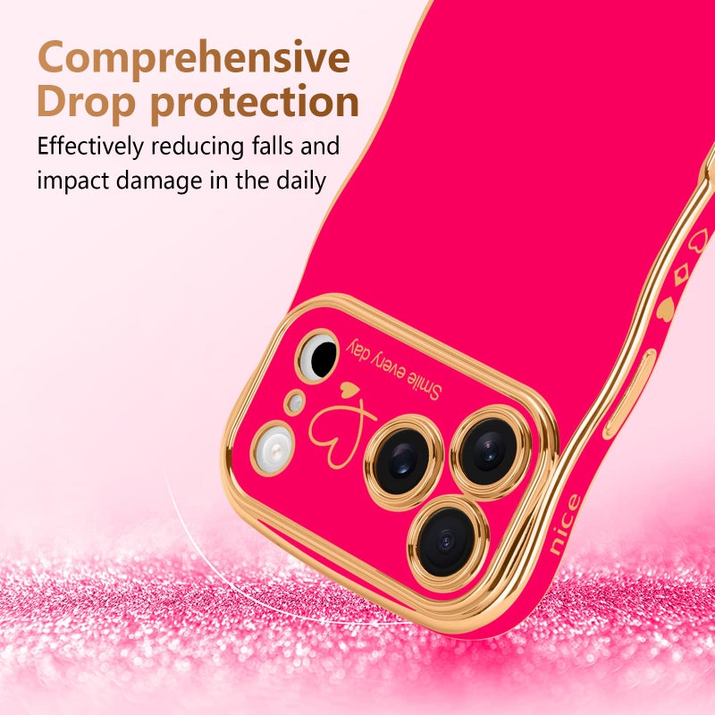 LCHULLE for iPhone 17 Pro Max Case for Women Girls, Cute Wave Frame Curly Shape with Love Heart Raised Camera Protection Cover Luxury Plating Shockproof Phone Case for iPhone 17 Pro Max, Hot Pink - Image 3