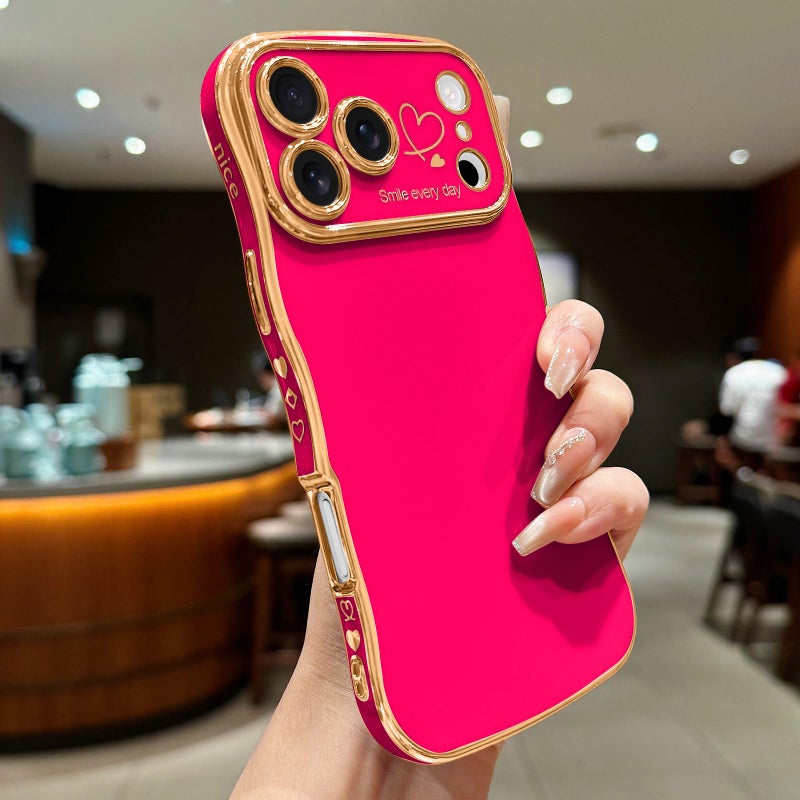 LCHULLE for iPhone 17 Pro Max Case for Women Girls, Cute Wave Frame Curly Shape with Love Heart Raised Camera Protection Cover Luxury Plating Shockproof Phone Case for iPhone 17 Pro Max, Hot Pink - Image 2