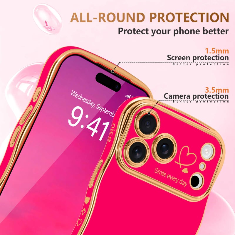 LCHULLE for iPhone 17 Pro Max Case for Women Girls, Cute Wave Frame Curly Shape with Love Heart Raised Camera Protection Cover Luxury Plating Shockproof Phone Case for iPhone 17 Pro Max, Hot Pink - Image 4