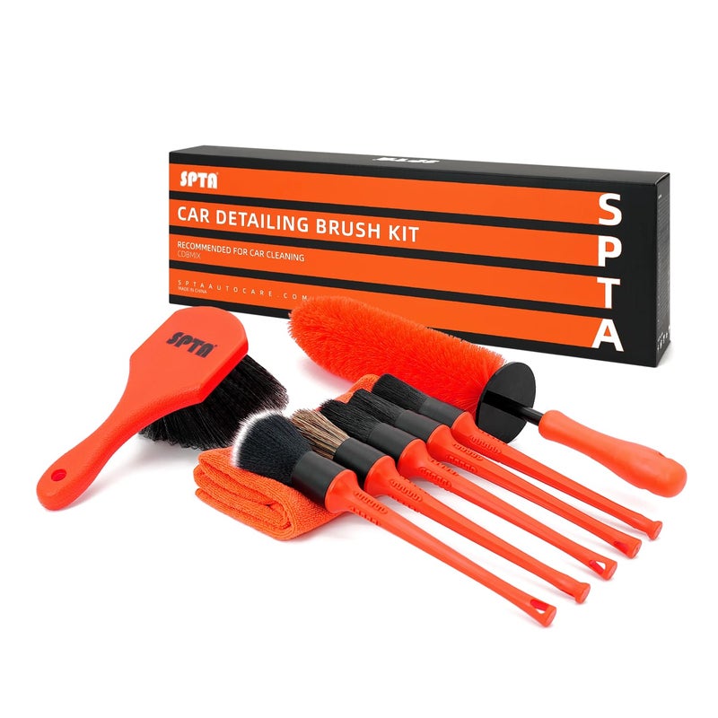 SPTA 8Pcs Wheel & Tire Brush Car Detailing kit, Easy Reach Wheel and Rim Brush, 5pcs Detailing Brushes, Short Handle Cleaning Brush, 1pc Microfiber Cleaning Cloth, Great to Clean Dirty Tires - Image 1