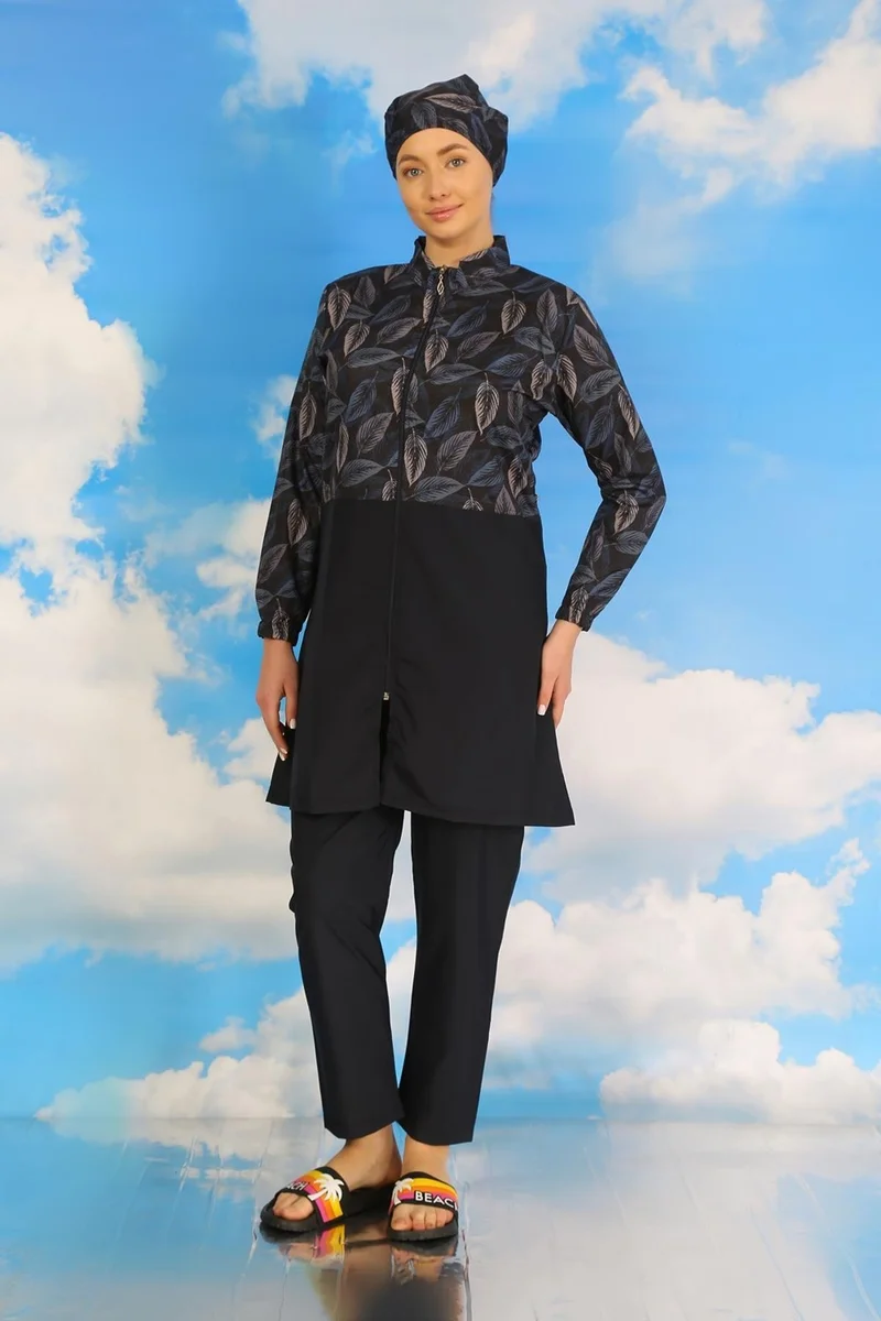 Akbeniz Women's Patterned Full Hijab Swimsuit with Trousers Navy Blue 31075