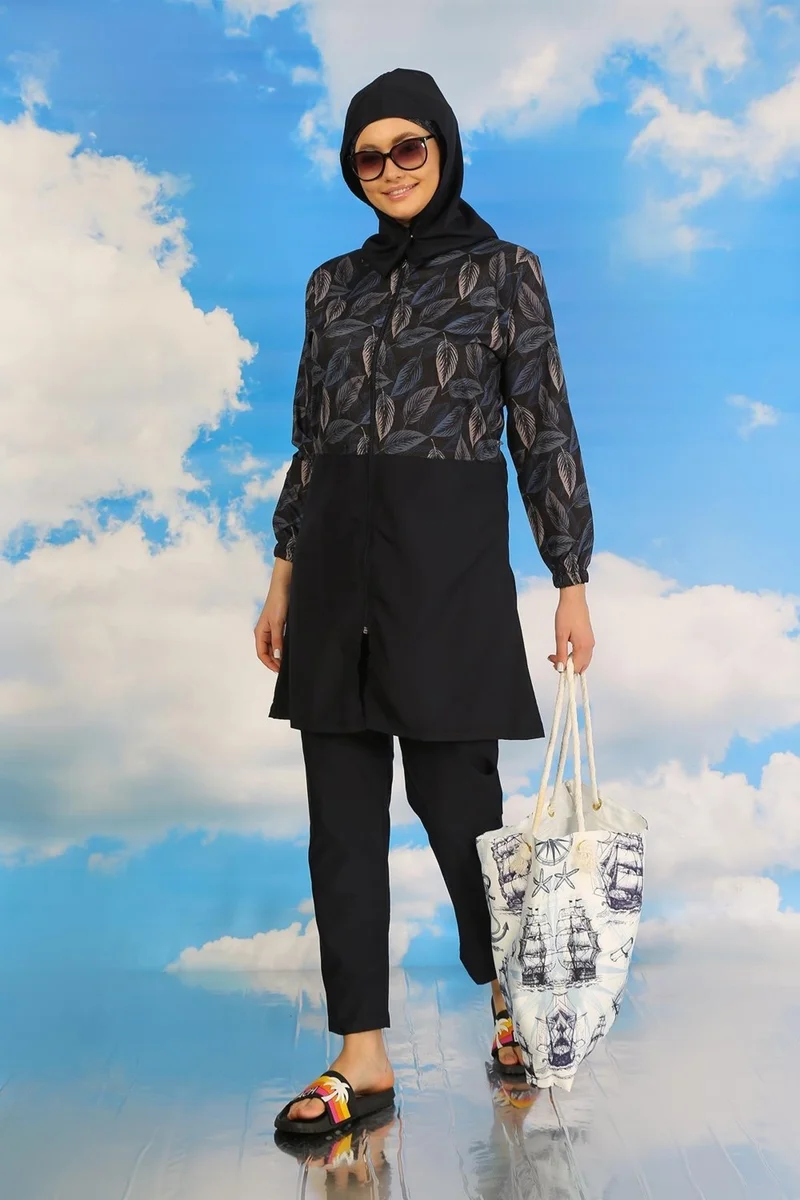 Akbeniz Women's Patterned Full Hijab Swimsuit with Trousers Navy Blue 31075
