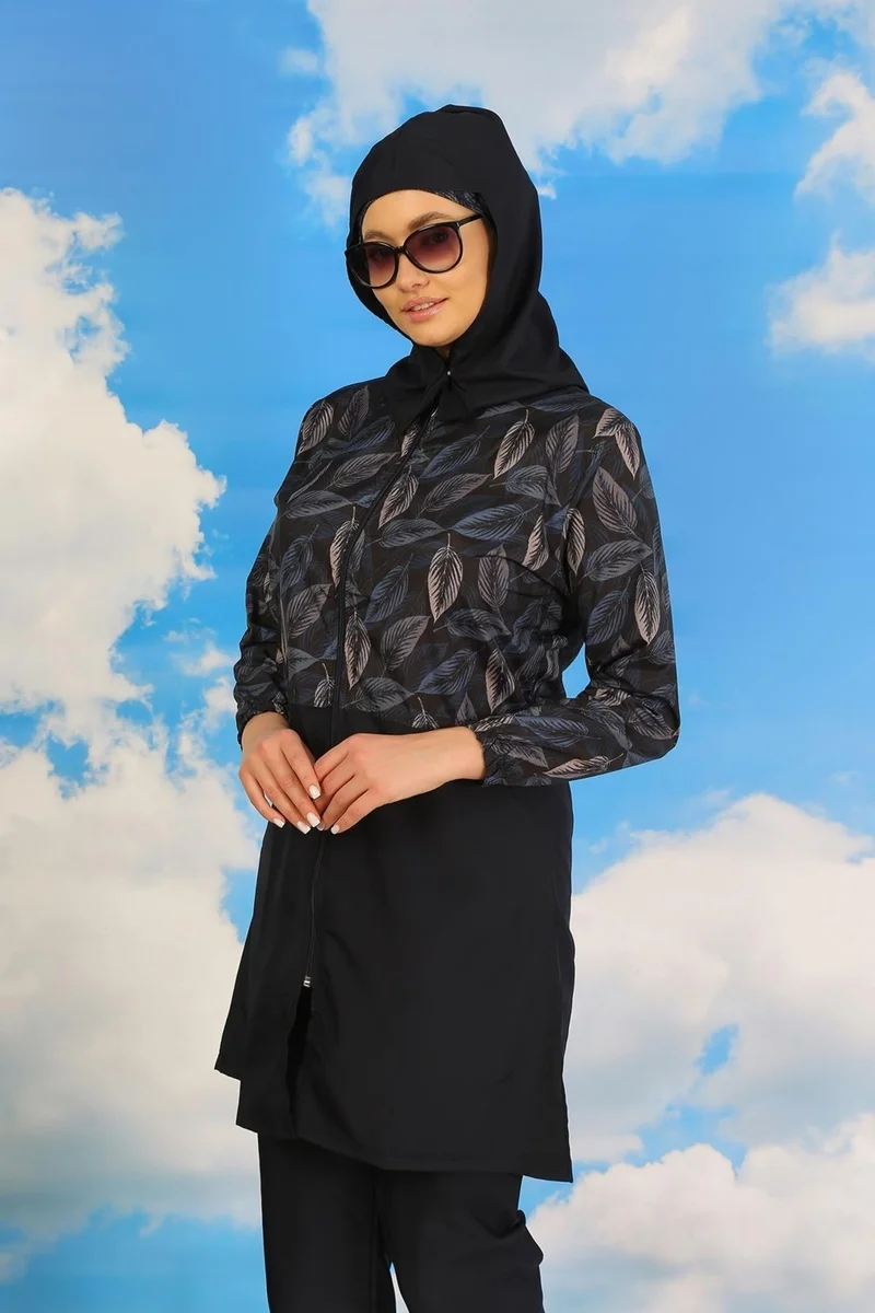Akbeniz Women's Patterned Full Hijab Swimsuit with Trousers Navy Blue 31075