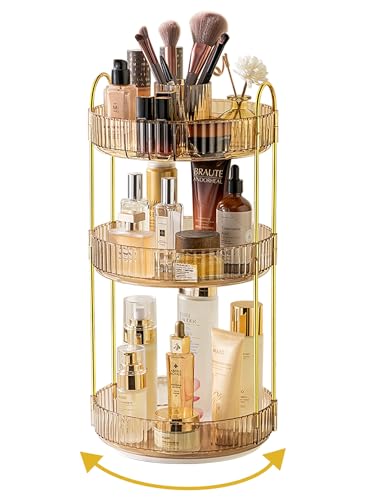 Asayuee 360 Rotating Makeup Organizer3 Tier Large Capacity Make Up Organizers and StorageSkincare Perfume Vanity OrganizersBathroom Cosmetics Storage Organizer CountertopGold - Image 1