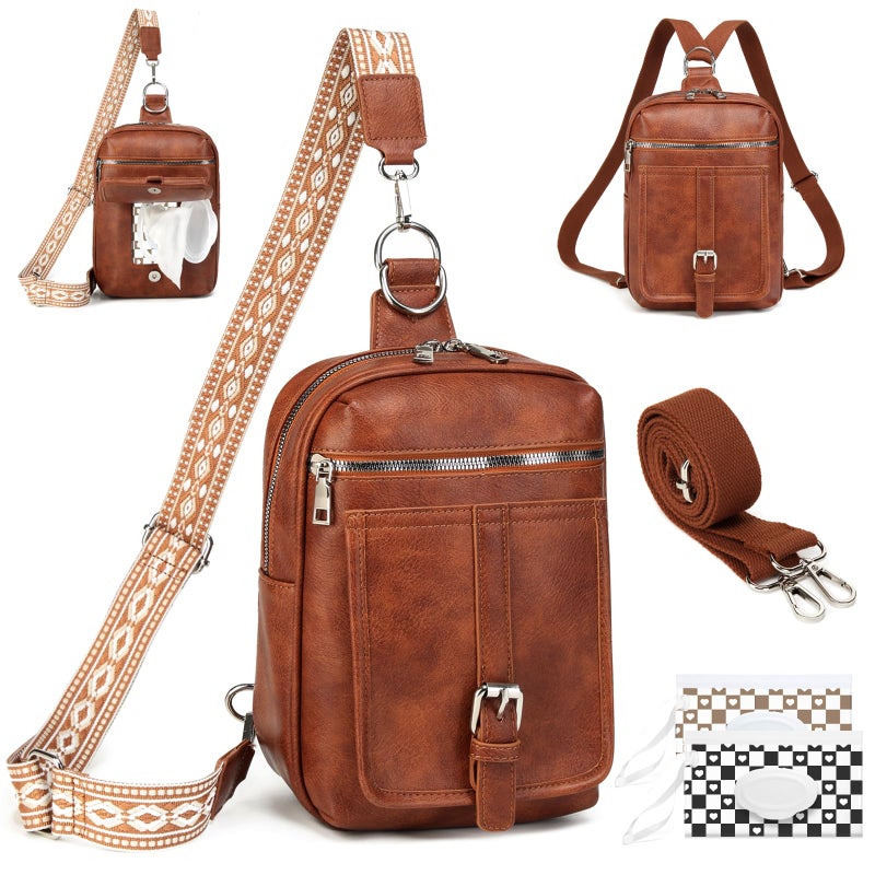 MYHOZEE 2-in-1 Small Diaper Bag Crossbody for Women & Men, Vegan Leather Sling Backpack Purse with Instant Wipes Pocket, Waterproof Travel Chest Bag, Dog Walking Bag, Gift for New Mom Dad, Brown - Image 1