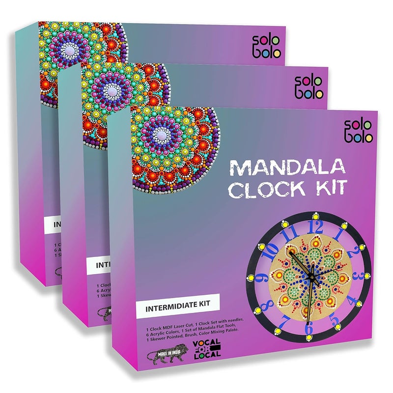 SOLOBOLO Mandala Painting Kit for Adults|DIY Mandala Clock Kit for Home Decor |Craft Materials MDF Cutouts for Art and Craft Kit|Birthday Gifts for Girls|Size-12 Inch Wall Clock MDF|Pack of 3 Sets - Image 1