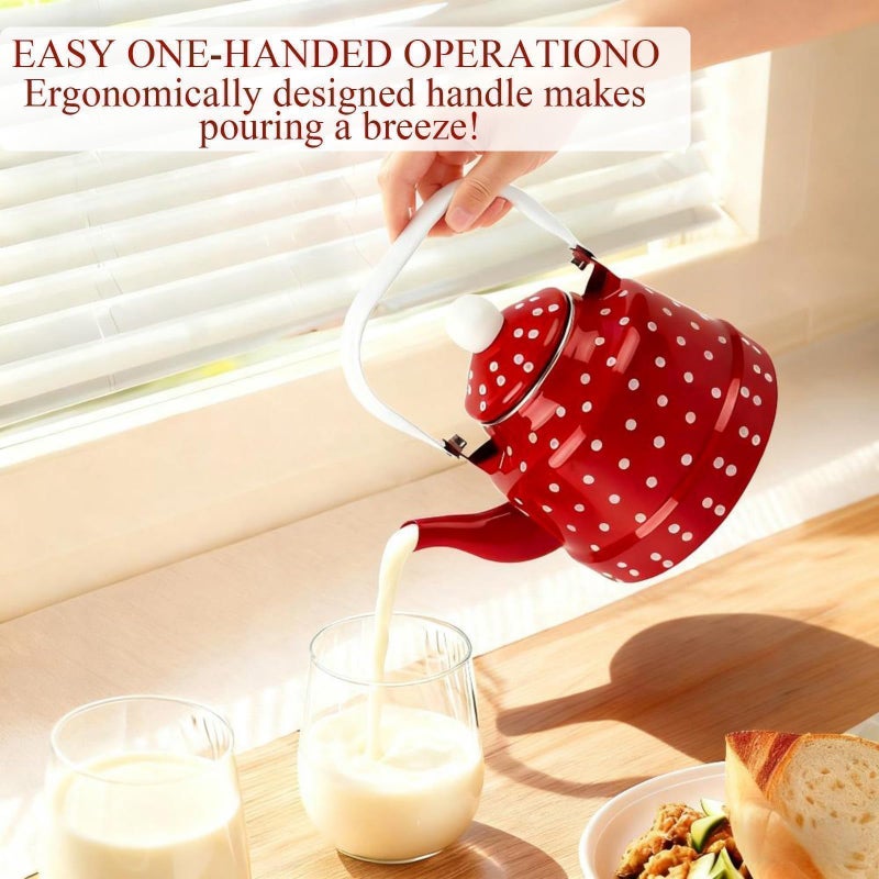 Hoceium 1.8Quart Vintage Enamel Tea Kettle Stovetop for Kitchen,Small Tea Pot for Stove Water Kettle with Red White Spots,Hot Water Teapot Coffee Pot for Gas,Induction,Electric,Housewarming Gift(No Whistling) - Image 4