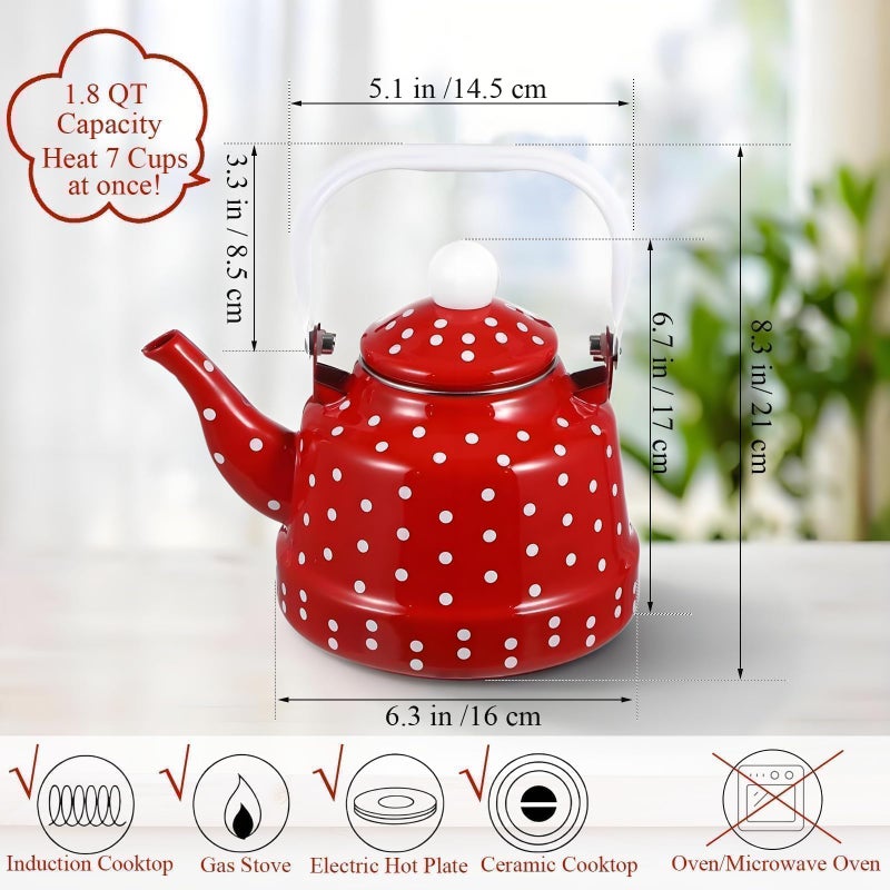 Hoceium 1.8Quart Vintage Enamel Tea Kettle Stovetop for Kitchen,Small Tea Pot for Stove Water Kettle with Red White Spots,Hot Water Teapot Coffee Pot for Gas,Induction,Electric,Housewarming Gift(No Whistling) - Image 2