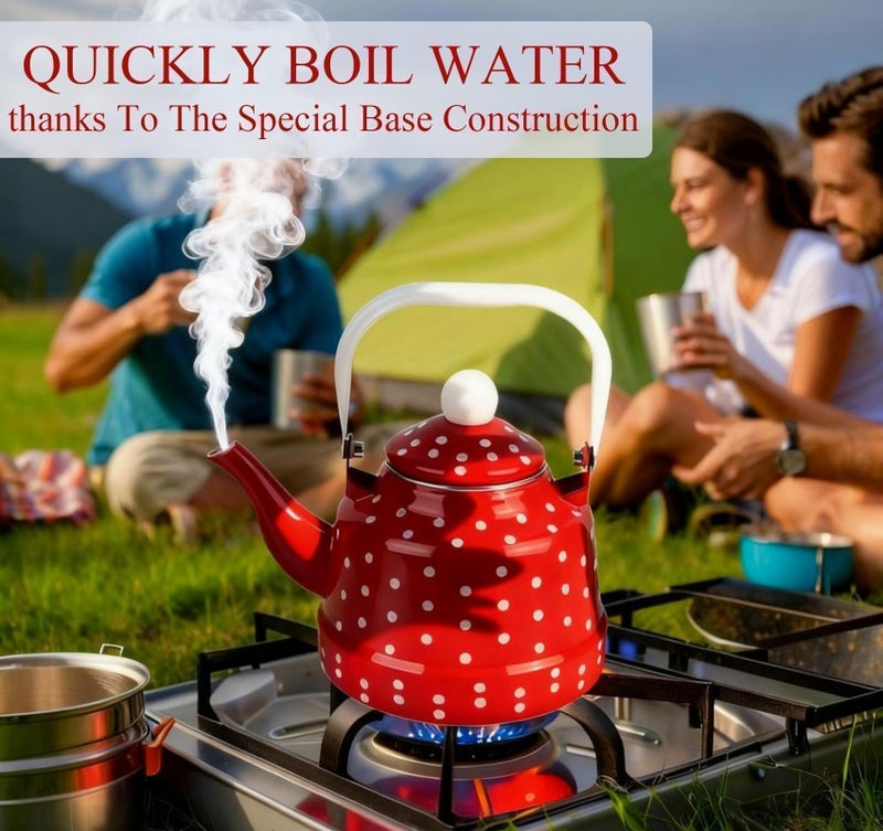 Hoceium 1.8Quart Vintage Enamel Tea Kettle Stovetop for Kitchen,Small Tea Pot for Stove Water Kettle with Red White Spots,Hot Water Teapot Coffee Pot for Gas,Induction,Electric,Housewarming Gift(No Whistling) - Image 3