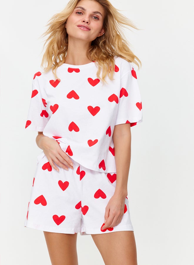 trendyol White 100% Cotton Hearted Shorts Knitted Pajamas Set - Image 3