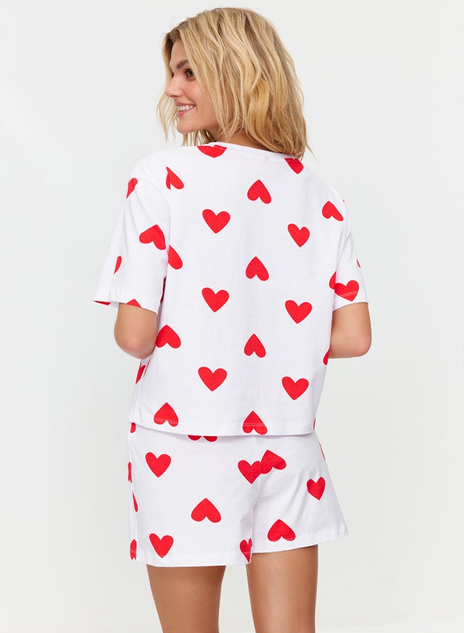 trendyol White 100% Cotton Hearted Shorts Knitted Pajamas Set - Image 5
