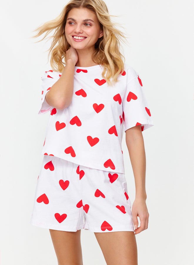 trendyol White 100% Cotton Hearted Shorts Knitted Pajamas Set - Image 2