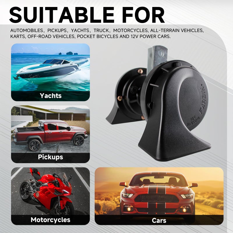 FARBIN Horns Auto Horn 12V Car Horn Loud Dual-Tone Waterproof Electric Snail Horns Kit Universal for Any 12V Vehicles Black (Black horn, 12v) - Image 3