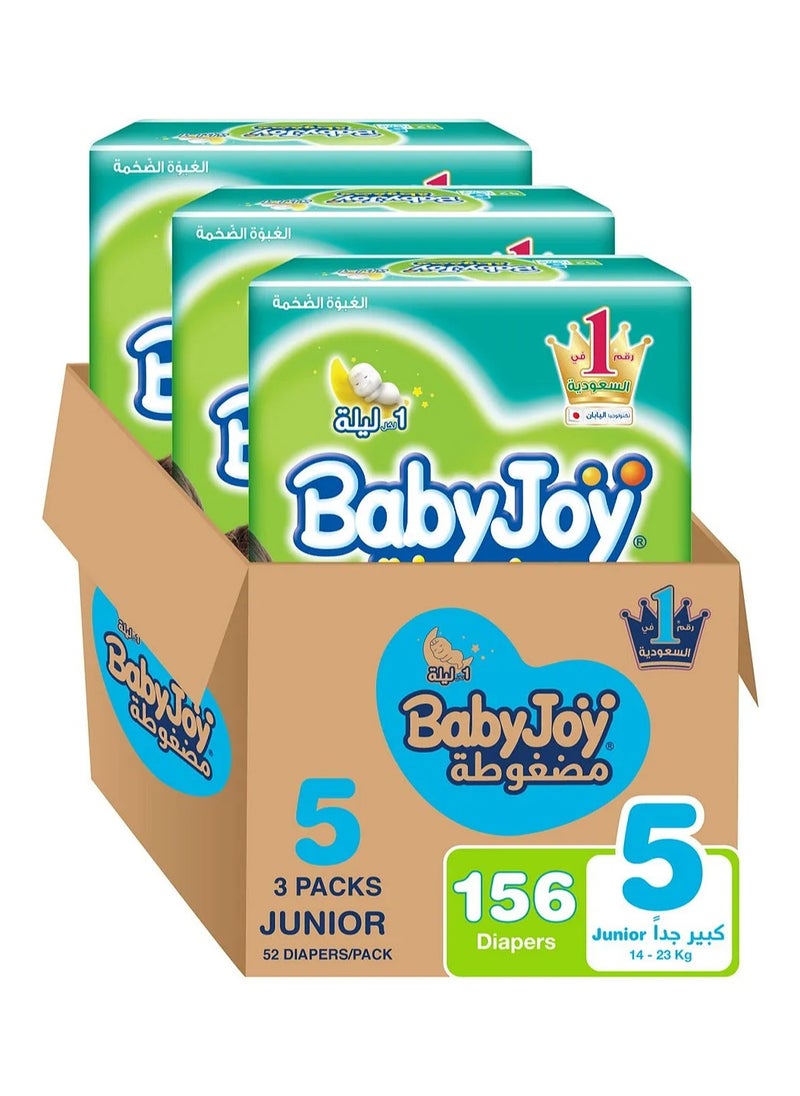 Baby Joy BabyJoy Compressed Diamond Pad Diaper, Size 5, Junior, 14-23 Kg, Mega Box, 156 Tape Style Diapers 