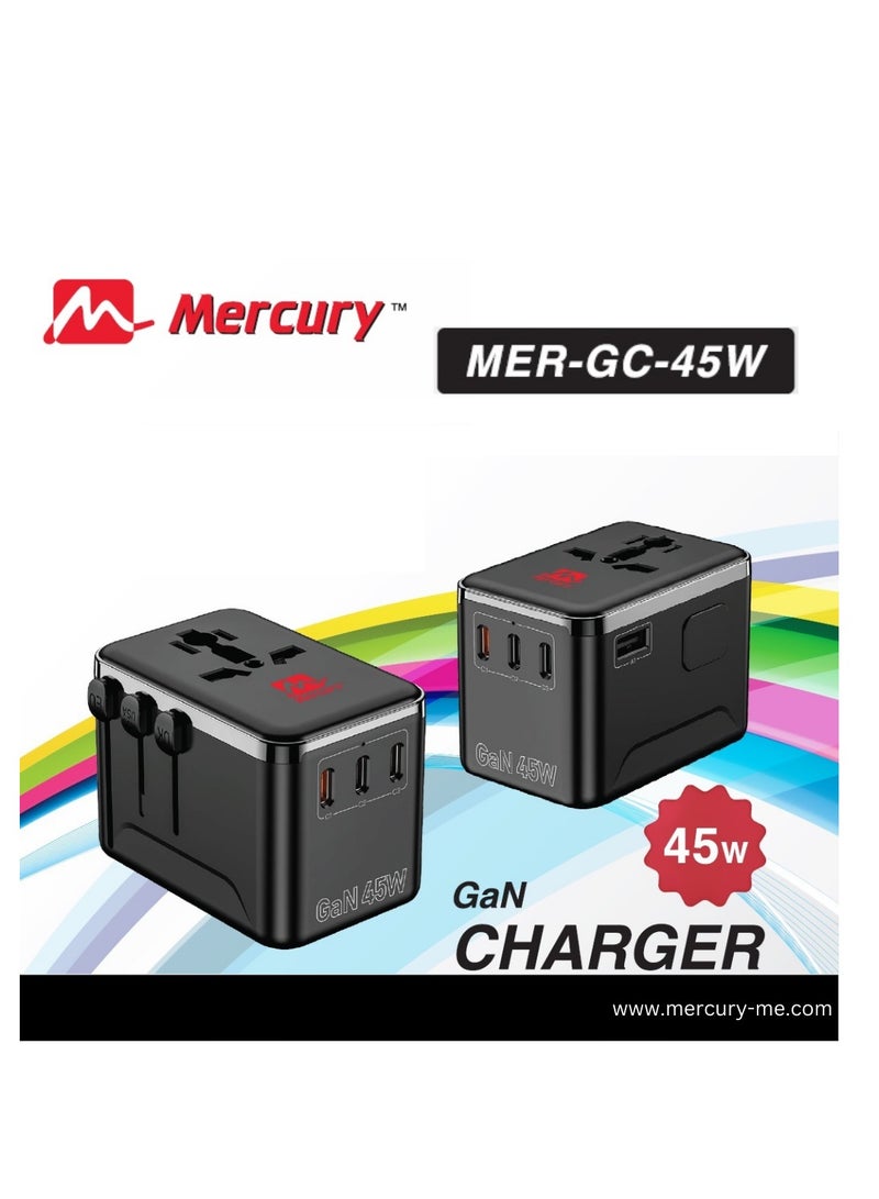 Mercury GAN Fast Charger with USB-C & 4 ports. Charges Laptop, Phone, Tablet, Electric Razor. Universal travel adapter for EU, UK, US & AU – power up multiple devices safely. (MER-GC-45W) - Image 3