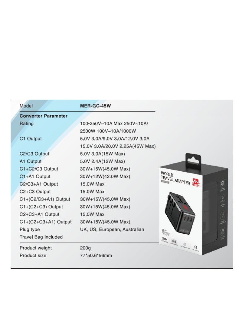 Mercury GAN Fast Charger with USB-C & 4 ports. Charges Laptop, Phone, Tablet, Electric Razor. Universal travel adapter for EU, UK, US & AU – power up multiple devices safely. (MER-GC-45W) - Image 4