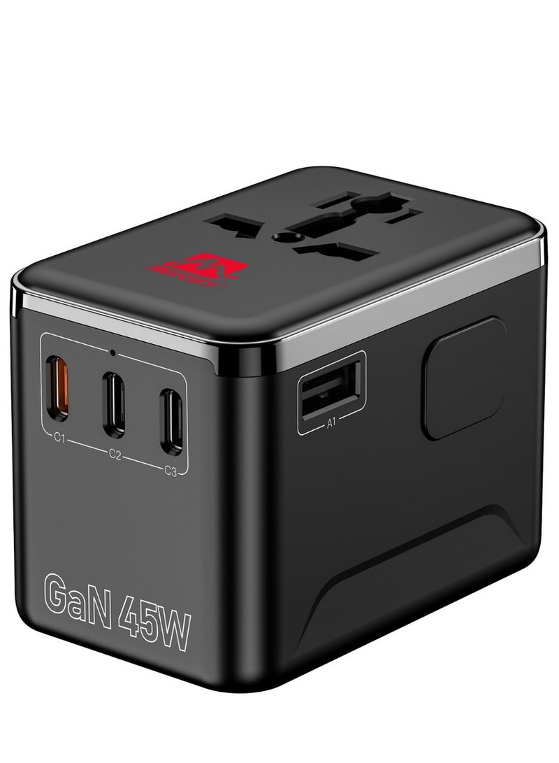 Mercury GAN Fast Charger with USB-C & 4 ports. Charges Laptop, Phone, Tablet, Electric Razor. Universal travel adapter for EU, UK, US & AU – power up multiple devices safely. (MER-GC-45W) - Image 1